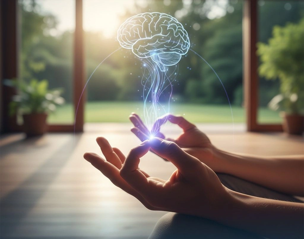 An illustration blending ancient wisdom with modern science, showing the brain's connection to hand gestures.