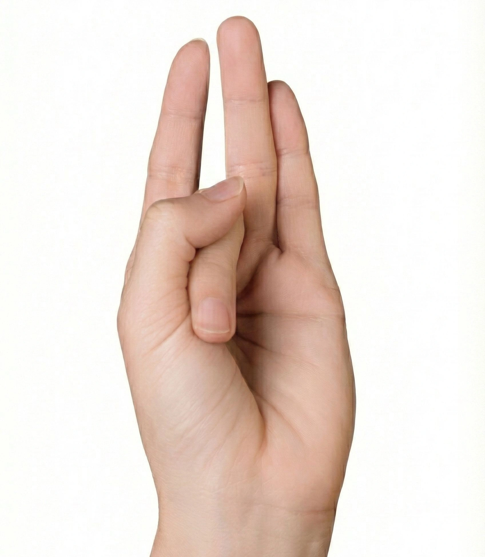 A hand positioned in Shunya Mudra, the gesture associated with emptiness and space.